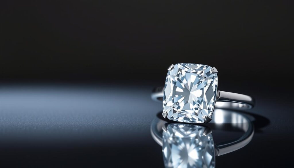 A beautifully lit, high-resolution, studio photograph of a cushion cut diamond ring from the GOLDISTAR collection, showcasing the cut, clarity and brilliant sparkle of the diamond. The diamond is placed on a dark, reflective surface, allowing the light to bounce off the facets and create a mesmerizing display. The background is a neutral, soft-focus gradient, drawing all attention to the exquisite gemstone. The image conveys a sense of luxury, sophistication and the timeless appeal of a cushion cut diamond.
