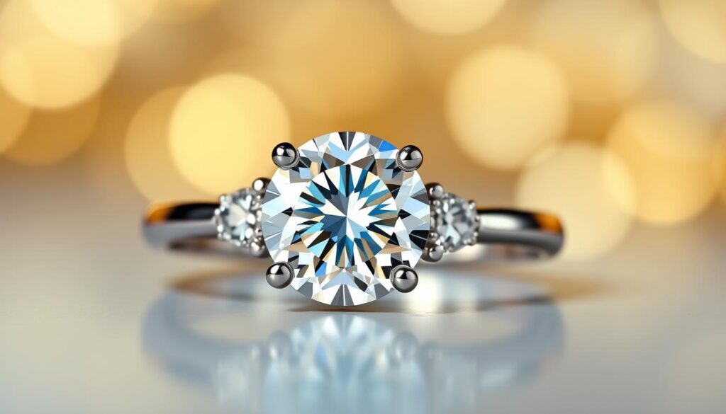 A breathtaking 5 carat diamond ring, crafted by the renowned Goldistar USA. The ring features a stunning round brilliant cut diamond, set in a sleek platinum band. Exquisite side stones enhance the central diamond's brilliance, which dances with fiery sparkles under the warm, directional lighting. The ring is showcased against a soft, bokeh-filled background, conveying a sense of luxury and exclusivity. The entire composition is captured with a shallow depth of field, drawing the viewer's eye towards the mesmerizing stone at the center. A breathtaking 5 carat diamond ring, crafted by the renowned Goldistar USA. The ring features a stunning round brilliant cut diamond, set in a sleek platinum band. Exquisite side stones enhance the central diamond's brilliance, which dances with fiery sparkles under the warm, directional lighting. The ring is showcased against a soft, bokeh-filled background, conveying a sense of luxury and exclusivity. The entire composition is captured with a shallow depth of field, drawing the viewer's eye towards the mesmerizing stone at the center.