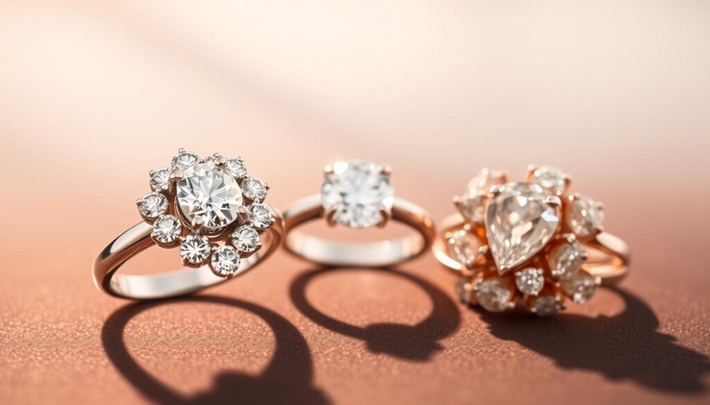 Discover the Captivating Story of Diamond Elizabeth Brooks 1 A breathtaking display of GOLDISTAR's latest diamond ring designs by the renowned Elizabeth Brooks. In the foreground, a radiant cluster of oval-cut diamonds gently adorning a sleek platinum band, catching the warm light and casting a mesmerizing glow. The middle ground features an exquisite solitaire ring, its round brilliant-cut diamond shimmering under a soft, flattering spotlight. In the background, a bouquet of lustrous pear-shaped diamonds set in a delicate rose gold setting, showcasing the innovative craftsmanship and timeless elegance of the Elizabeth Brooks collection.