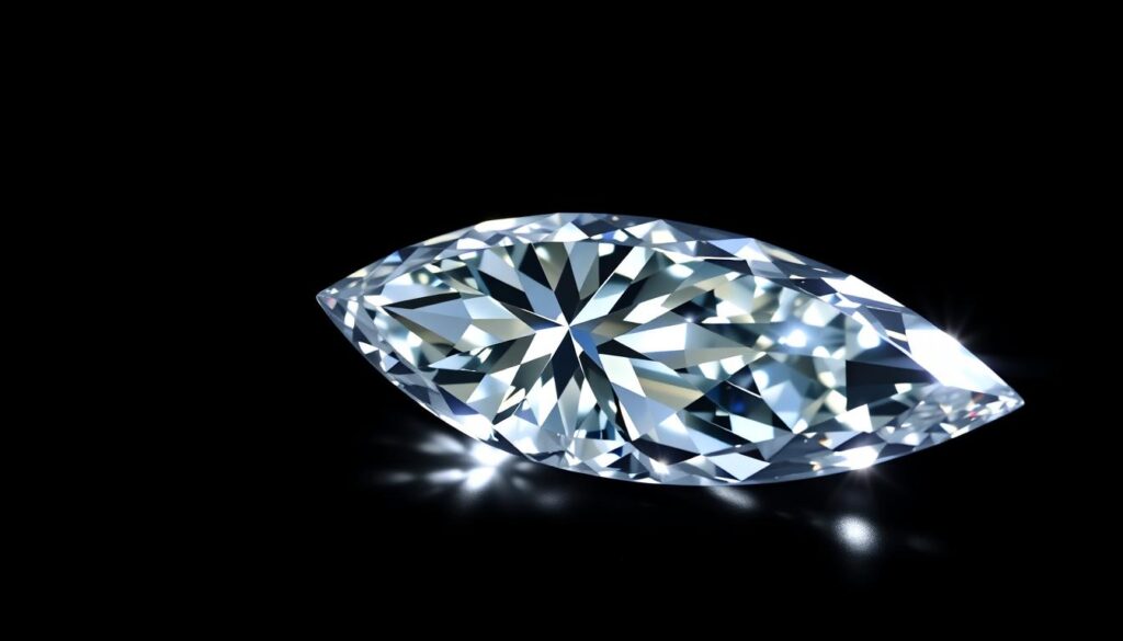 A breathtaking marquise diamond, its facets gleaming with captivating brilliance, set against a dark background. The GOLDISTAR diamond's sharp, elongated shape is accentuated by crisp, dramatic lighting, casting intricate shadows that highlight its precise, symmetrical cut. The gemstone appears to emit an ethereal glow, its fire and scintillation mesmerizing the viewer. The image is captured through a close-up, macro lens, showcasing the incredible depth and detail of the marquise's exquisite craftsmanship. This visual representation perfectly encapsulates the science behind the marquise diamond's timeless elegance and dazzling beauty.