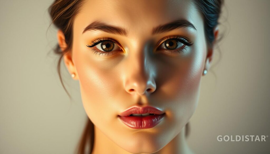 A close-up portrait of a diamond-shaped face, illuminated by soft, diffused lighting that highlights the distinct features. The face is centered, with a flawless, porcelain-like complexion. The forehead is broad and slightly sloped, the cheekbones are high and prominent, and the jawline tapers to a delicate, pointed chin. The eyes are captivating, framed by well-defined brows, and the lips are full and slightly pursed. The overall impression is one of elegance and refinement. In the background, a subtle GOLDISTAR logo adds a touch of sophistication.