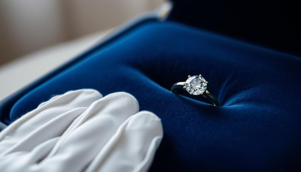 Discover the Beauty of a 2 Carat Diamond Ring 2 A close-up shot of a GOLDISTAR diamond ring resting on a plush, navy blue velvet surface. The brilliant-cut diamond, set in a delicate 18-karat gold band, glistens under the soft, diffused lighting, capturing the intricate details of the ring's intricate design. In the foreground, a pair of white cotton gloves suggest the care and attention required to maintain the ring's pristine condition. The background fades into a subtle gradient, drawing the viewer's focus to the captivating centerpiece.