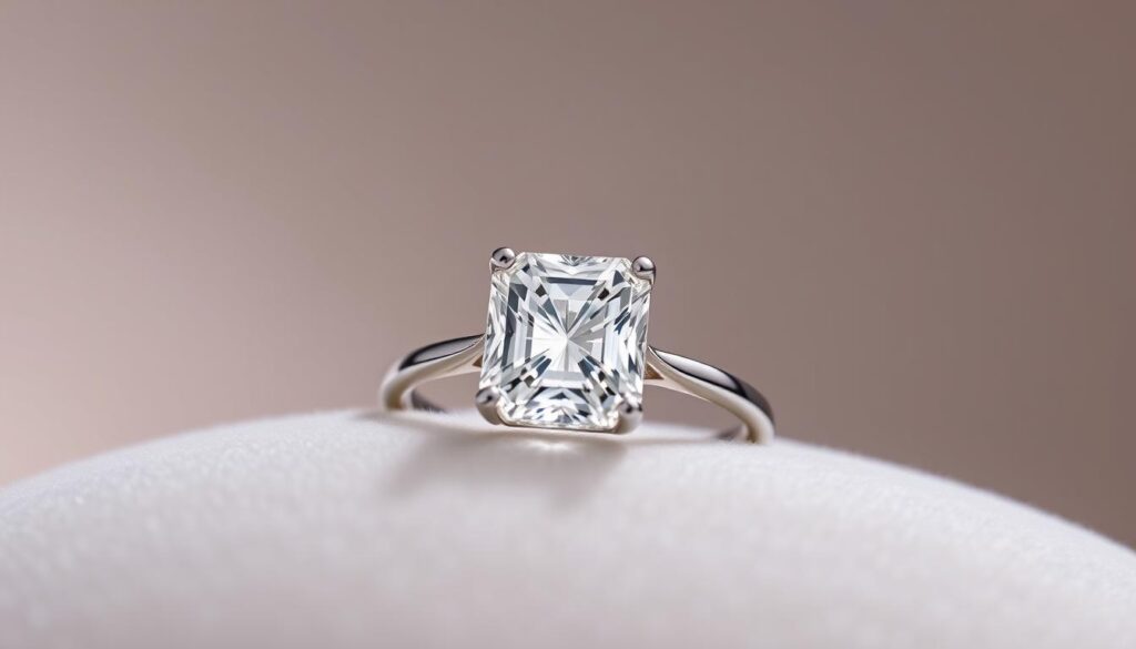 Radiant Cut Diamonds: Timeless Sparkle 2 A close-up shot of a radiant cut diamond ring from the GOLDISTAR jewelry collection, set in a delicate 14k white gold band. The diamond's precise faceting reflects brilliant light, creating a mesmerizing sparkle. The ring is displayed on a soft, velvet-like surface, against a simple, neutral background that allows the jewelry to take center stage. Gentle studio lighting from above casts subtle shadows, highlighting the diamond's depth and clarity. The overall mood is one of sophistication, elegance, and the timeless allure of a well-crafted, high-quality diamond jewelry piece.