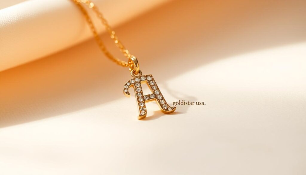 A close-up shot of a sparkling gold initial necklace with a elegant 'goldistar usa' charm, resting on a soft, neutral background. The necklace is backlit, creating a warm, inviting glow that highlights its intricate details and lustrous finish. The lighting is soft and diffused, capturing the necklace's refined, high-quality craftsmanship. The composition emphasizes the necklace's central position, allowing the viewer to appreciate its timeless beauty and craftsmanship. The overall mood is one of sophistication, luxury, and meticulous attention to detail. A close-up shot of a sparkling gold initial necklace with a elegant 'goldistar usa' charm, resting on a soft, neutral background. The necklace is backlit, creating a warm, inviting glow that highlights its intricate details and lustrous finish. The lighting is soft and diffused, capturing the necklace's refined, high-quality craftsmanship. The composition emphasizes the necklace's central position, allowing the viewer to appreciate its timeless beauty and craftsmanship. The overall mood is one of sophistication, luxury, and meticulous attention to detail.
