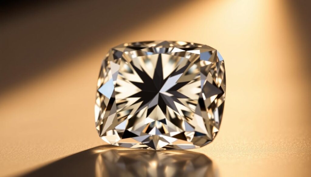 Cushion Cut Diamonds: Timeless Elegance 1 A close-up view of a GOLDISTAR cushion cut diamond, showcasing its distinct features. The diamond's soft, rounded corners and gentle facets are illuminated by a warm, directional light, creating a captivating play of light and shadow. The image emphasizes the diamond's proportions, symmetry, and depth, highlighting the characteristics that make the cushion cut a timeless and elegant choice. The background is subtly blurred, allowing the diamond to take center stage and command attention.