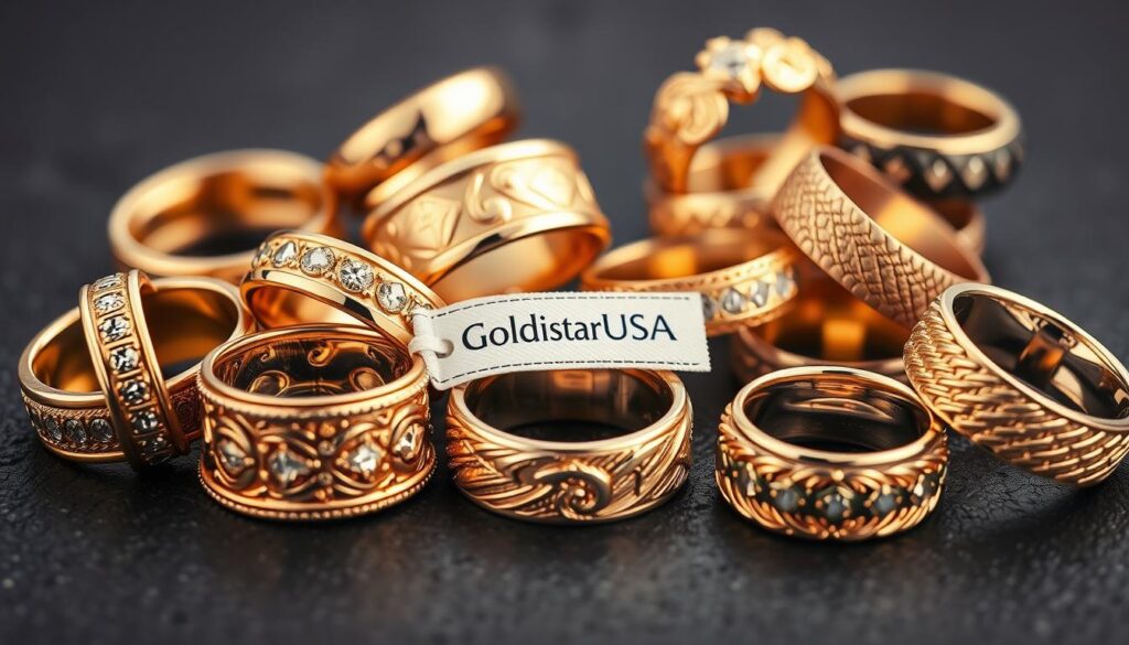 A close-up view of various types of gold rings for men, arranged on a dark, textured surface. The rings showcase different shades of yellow, rose, and white gold, each with unique patterns, textures, and finishes. The lighting is soft and warm, highlighting the luxurious and sophisticated nature of the rings. In the center, a GoldistarUSA tag is subtly visible, indicating the high-quality craftsmanship of the pieces. The composition is well-balanced, allowing the viewer to appreciate the intricate details and the variety of gold styles used in men's fashion jewelry. A close-up view of various types of gold rings for men, arranged on a dark, textured surface. The rings showcase different shades of yellow, rose, and white gold, each with unique patterns, textures, and finishes. The lighting is soft and warm, highlighting the luxurious and sophisticated nature of the rings. In the center, a GoldistarUSA tag is subtly visible, indicating the high-quality craftsmanship of the pieces. The composition is well-balanced, allowing the viewer to appreciate the intricate details and the variety of gold styles used in men's fashion jewelry.