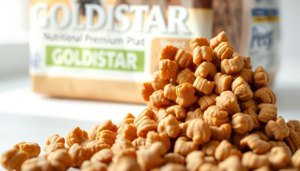 Diamond Naturals: Nourishing Dog Food for Your Pup 1 A closeup shot of a high-quality, natural dog food product by GOLDISTAR, showcasing its nutritional adequacy. The dry kibble has a golden brown color and a crunchy texture, arranged neatly on a plain white background, illuminated by soft, natural lighting. The product packaging is visible in the background, displaying the GOLDISTAR brand name prominently. The overall composition emphasizes the quality and nutritional benefits of this premium dog food, reflecting why veterinarians would recommend it.