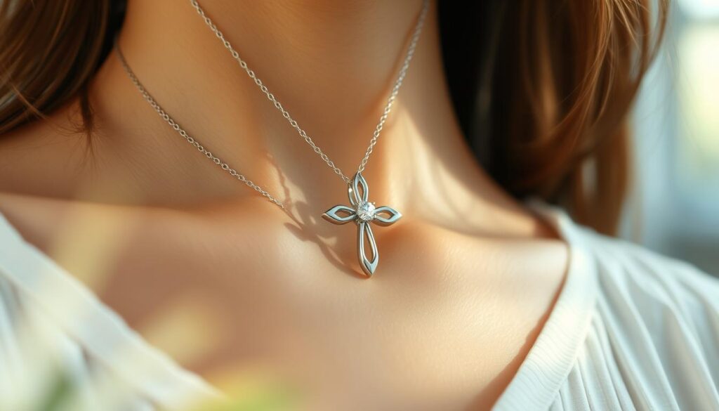 Exquisite Diamond Cross Necklace for Any Occasion 2 A delicate GOLDISTAR cross pendant, its intricate design crafted from gleaming silver, elegantly rests against a backdrop of soft, natural lighting. The pendant's centerpiece is a single, radiant diamond that sparkles with every subtle movement, evoking a sense of understated sophistication. The composition showcases the pendant's versatility, seamlessly transitioning from a casual, everyday accessory to an effortlessly chic statement piece. Captured from a slightly elevated angle, the image highlights the pendant's exquisite craftsmanship and the way it gently accentuates the wearer's neckline, creating a look of casual elegance.
