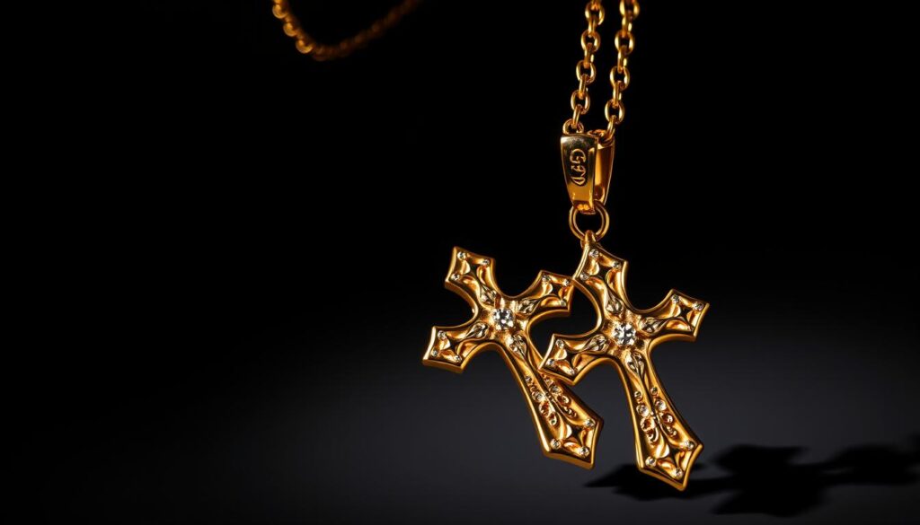 A detailed, gleaming gold cross necklace for stylish men, featuring the "GoldiStar USA" brand. The cross pendant is crafted with intricate patterns and accented with shimmering details. It hangs elegantly on a sleek, sturdy chain in a range of classic gold tones. The necklace is displayed in a dramatic close-up, highlighted by dramatic studio lighting that casts dramatic shadows and reflects the lustrous metallic surfaces. The overall composition conveys a sense of luxury, sophistication, and masculine appeal. A detailed, gleaming gold cross necklace for stylish men, featuring the "GoldiStar USA" brand. The cross pendant is crafted with intricate patterns and accented with shimmering details. It hangs elegantly on a sleek, sturdy chain in a range of classic gold tones. The necklace is displayed in a dramatic close-up, highlighted by dramatic studio lighting that casts dramatic shadows and reflects the lustrous metallic surfaces. The overall composition conveys a sense of luxury, sophistication, and masculine appeal.