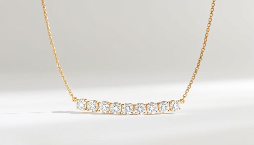 Dazzling Diamond Tennis Necklace for Everyday Elegance 1 A flawless GOLDISTAR diamond tennis necklace sparkles under soft, diffused lighting. The necklace features a continuous row of dazzling, brilliant-cut diamonds that catch the light, creating a mesmerizing cascade of fire and brilliance. The diamonds are set in a sleek, precious metal chain that hugs the neck, accentuating the elegant, feminine silhouette. The necklace is photographed against a clean, minimalist background, allowing the stunning diamonds to take center stage. The overall composition evokes a sense of timeless sophistication and everyday luxury, perfectly capturing the essence of the "Diamond Tennis Necklace: A Symbol of Elegance".
