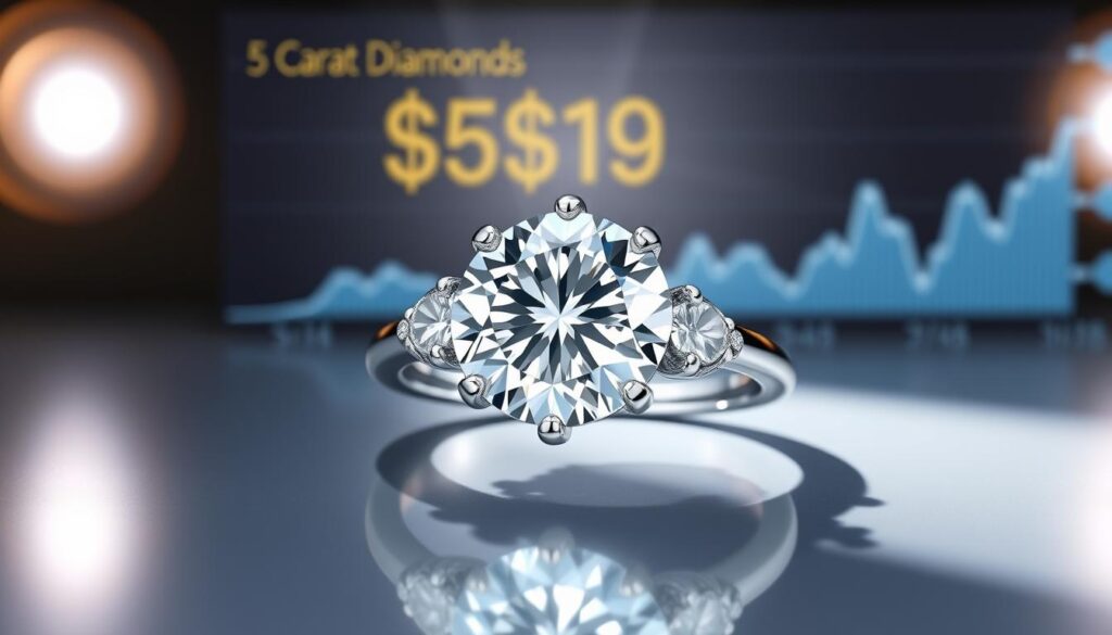 Breathtaking 5 Carat Diamond Ring - The Ultimate Luxury 2 A glamorous 5 carat diamond ring, gleaming under soft, directional lighting. The GOLDISTAR ring features a classic round brilliant cut diamond, set in a timeless platinum band. Surrounding the central stone are several smaller accent diamonds, adding to the brilliant sparkle. A digital chart in the background displays historical price trends for 5 carat diamonds, illustrating the ring's significant value. The composition is elegant and professional, capturing the luxurious nature of this exceptional piece of jewelry.