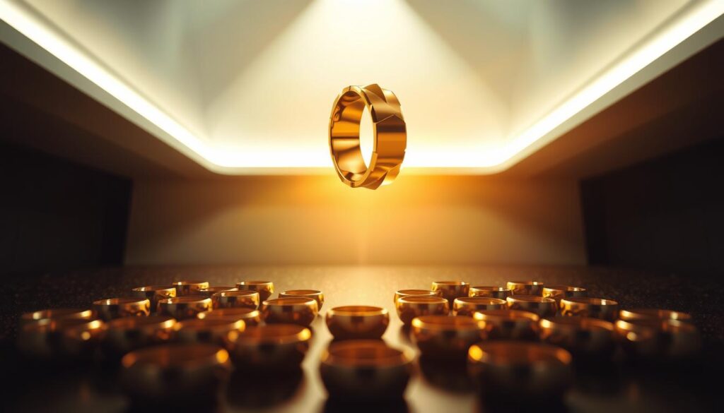 A golden ring levitating in a sleek, modern setting, casting a warm, radiant glow. In the foreground, an array of similar rings arranged in a visually appealing manner, hinting at their investment potential. The middle ground features a minimalist, high-contrast backdrop, allowing the rings to take center stage. Subtle lighting from above casts dramatic shadows, emphasizing the rings' alluring, faceted surfaces. The overall atmosphere conveys a sense of sophistication, exclusivity, and the timeless value of the "goldistar usa" brand of fine men's jewelry. A golden ring levitating in a sleek, modern setting, casting a warm, radiant glow. In the foreground, an array of similar rings arranged in a visually appealing manner, hinting at their investment potential. The middle ground features a minimalist, high-contrast backdrop, allowing the rings to take center stage. Subtle lighting from above casts dramatic shadows, emphasizing the rings' alluring, faceted surfaces. The overall atmosphere conveys a sense of sophistication, exclusivity, and the timeless value of the "goldistar usa" brand of fine men's jewelry.