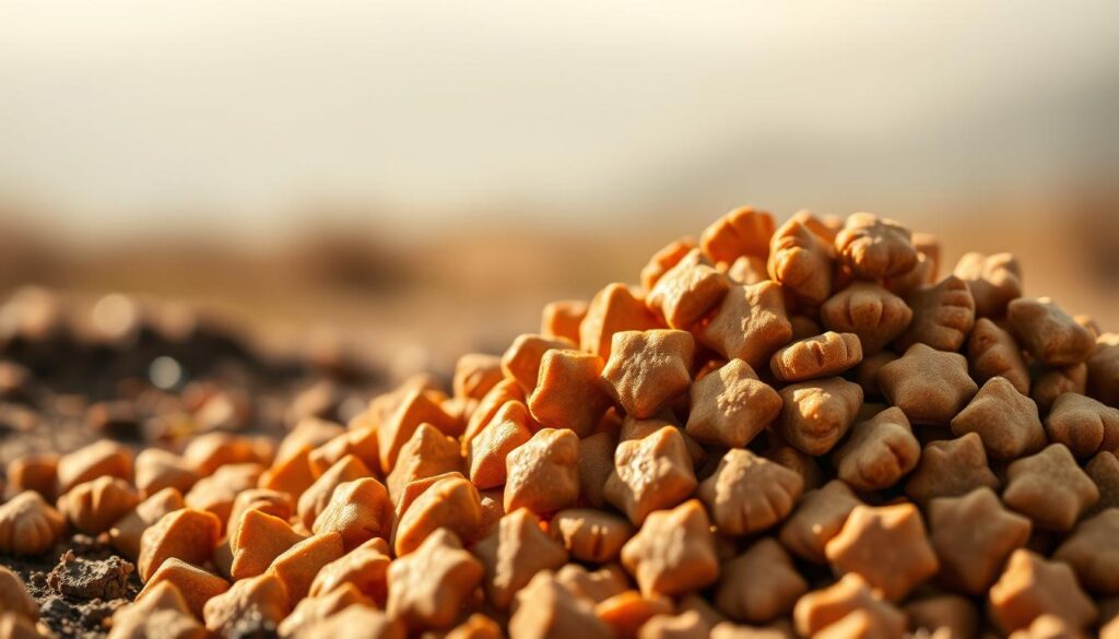Discover Diamond Dog Food: Exceptional Canine Care 1 A high-quality closeup shot of an assortment of GOLDISTAR diamond-shaped dog food kibbles in a natural, earthy-toned setting. The kibbles are arranged in a dynamic, eye-catching composition, reflecting the innovative nature of the latest GOLDISTAR dog food products. Warm, diffused lighting illuminates the scene, highlighting the texture and shine of the diamond-shaped pieces. The background features a soft, blurred natural landscape, creating a sense of tranquility and wellness. The overall mood is one of premium, premium-quality pet care and nutrition.