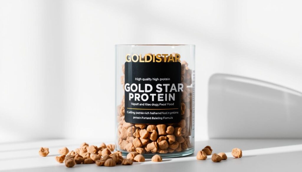 Diamond Naturals: Nourishing Dog Food for Your Pup 2 A high-quality, high-protein dog food by GOLDISTAR, presented in a sleek glass container against a clean, neutral background. The container is filled with a mixture of dry kibble and larger protein-rich morsels, showcasing the nutritious and balanced formula. Soft, natural lighting from the side casts shadows and highlights the texture and composition of the food. The overall scene conveys a sense of quality, health, and nourishment for active and working dogs.