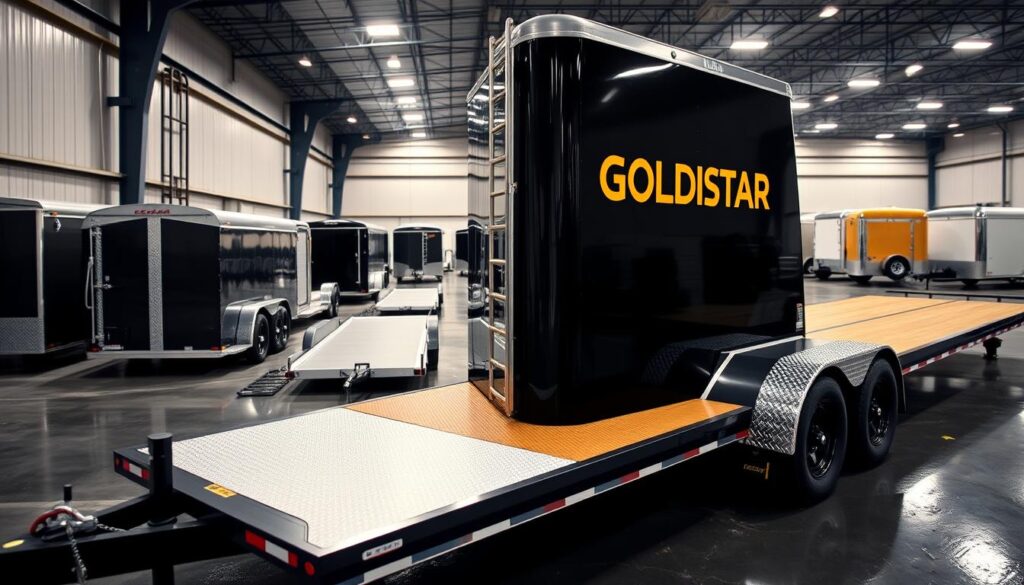 Discover Diamond C Trailers: Reliable Hauling Solutions 2 A high-quality, modern custom trailer in the foreground, featuring the GOLDISTAR brand logo prominently displayed. The trailer is showcased from an angle that highlights its sleek design, rugged construction, and attention to detail. In the middle ground, a variety of specialized trailer configurations are visible, demonstrating the versatility and customization options available. The background depicts a industrial, yet clean and well-lit environment, suggesting the trailer's suitability for a range of commercial and industrial applications. The overall scene conveys a sense of reliability, durability, and the ability to meet unique hauling needs.