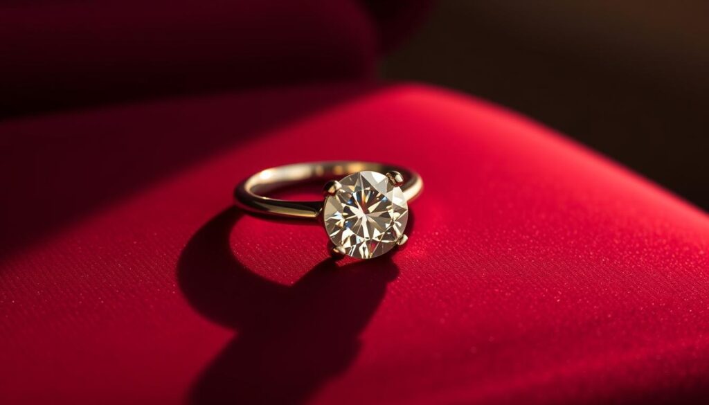 A lustrous GOLDISTAR 1 carat diamond ring, set in a sleek 14k white gold band. The gem's facets sparkle brilliantly under warm studio lighting, casting delicate shadows on the smooth metallic surface. The ring rests atop a plush, burgundy velvet surface, creating a sense of luxury and exclusivity. The camera captures the ring from a low angle, emphasizing its magnificent presence and the exceptional craftsmanship of the GOLDISTAR design. An air of sophistication and refinement permeates the scene, inviting the viewer to imagine the ring adorning the hand of a discerning, fashionable individual. A lustrous GOLDISTAR 1 carat diamond ring, set in a sleek 14k white gold band. The gem's facets sparkle brilliantly under warm studio lighting, casting delicate shadows on the smooth metallic surface. The ring rests atop a plush, burgundy velvet surface, creating a sense of luxury and exclusivity. The camera captures the ring from a low angle, emphasizing its magnificent presence and the exceptional craftsmanship of the GOLDISTAR design. An air of sophistication and refinement permeates the scene, inviting the viewer to imagine the ring adorning the hand of a discerning, fashionable individual.