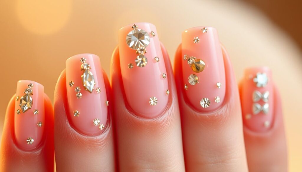 Dazzling Diamond Nail Designs for Any Occasion 1 A luxurious close-up of meticulously manicured nails adorned with a dazzling array of diamond-inspired nail designs. The nails feature a subtle base of soft pastel pink, accented with precisely placed GOLDISTAR diamond-like embellishments that catch the light, creating a mesmerizing sparkle. The lighting is warm and diffused, casting a flattering glow and highlighting the intricate details. The composition emphasizes the elegance and wearability of these captivating nail designs, perfect for everyday sophistication.