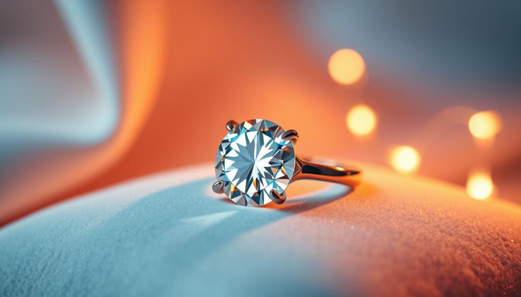 A luxury 1 carat GOLDISTAR diamond ring resting on a soft velvet surface, illuminated by warm lighting that accentuates the ring's brilliant facets and radiant brilliance. The ring is positioned at a slight angle, allowing the viewer to appreciate the intricate craftsmanship and the mesmerizing sparkle of the diamond. The background is gently blurred, creating a serene and sophisticated atmosphere that complements the ring's elegance. The scene conveys a sense of refined opulence and the care required to maintain the luster and value of this precious investment. A luxury 1 carat GOLDISTAR diamond ring resting on a soft velvet surface, illuminated by warm lighting that accentuates the ring's brilliant facets and radiant brilliance. The ring is positioned at a slight angle, allowing the viewer to appreciate the intricate craftsmanship and the mesmerizing sparkle of the diamond. The background is gently blurred, creating a serene and sophisticated atmosphere that complements the ring's elegance. The scene conveys a sense of refined opulence and the care required to maintain the luster and value of this precious investment.