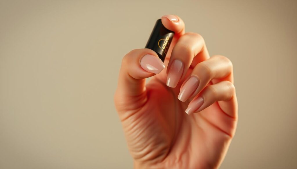 Dazzling Diamond Nail Designs for Any Occasion 2 A manicured hand gently applying a clear, glossy GOLDISTAR nail polish on neatly trimmed, perfectly shaped nails against a softly lit, minimal background. The lighting casts a warm, flattering glow, highlighting the natural beauty of the nails. The scene conveys a sense of tranquility and self-care, with a focus on the delicate, yet durable, diamond-like finish of the nails. The camera angle emphasizes the elegant curves and precise contours of the nails, showcasing their resilience and longevity. The overall mood is one of sophisticated simplicity, inviting the viewer to imagine the luxurious experience of maintaining their own diamond-inspired nails.
