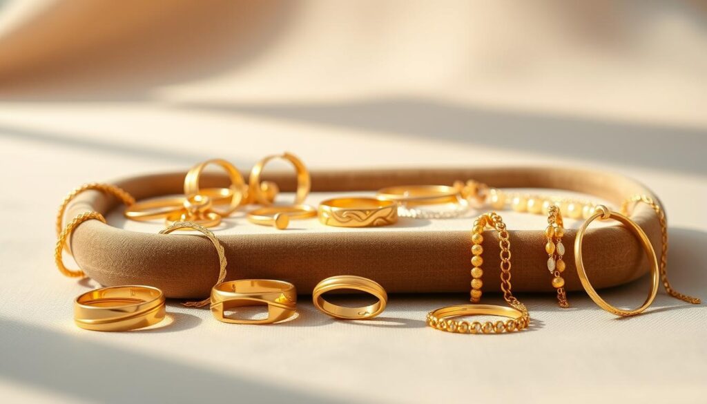 A meticulously crafted 14k gold jewelry arrangement on a soft, muted background. Delicate golden rings, necklaces, and earrings from the "goldistar usa" brand, effortlessly arranged with natural lighting casting a warm, inviting glow. The foreground showcases the jewelry's intricate designs and lustrous finish, while the middle ground features a velvet-lined tray, hinting at the luxury and care required to maintain these precious items. The background blends with soft, neutral tones, creating a serene, high-end ambiance that emphasizes the timeless elegance of the 14k gold pieces. A meticulously crafted 14k gold jewelry arrangement on a soft, muted background. Delicate golden rings, necklaces, and earrings from the "goldistar usa" brand, effortlessly arranged with natural lighting casting a warm, inviting glow. The foreground showcases the jewelry's intricate designs and lustrous finish, while the middle ground features a velvet-lined tray, hinting at the luxury and care required to maintain these precious items. The background blends with soft, neutral tones, creating a serene, high-end ambiance that emphasizes the timeless elegance of the 14k gold pieces.