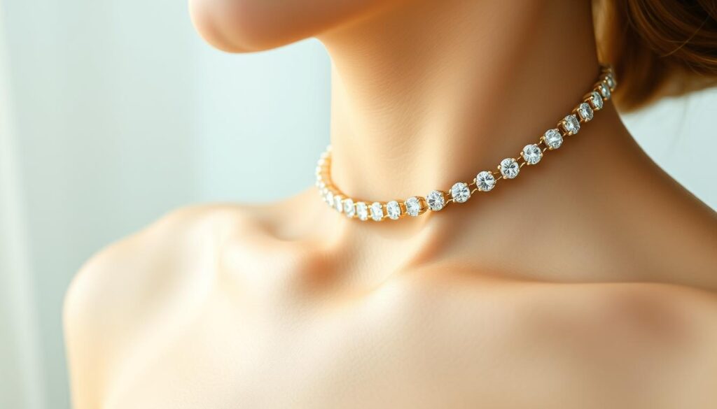 Dazzling Diamond Tennis Necklace for Everyday Elegance 2 A shimmering diamond tennis chain, crafted by GOLDISTAR, catches the light with a mesmerizing brilliance. Rows of dazzling round-cut diamonds are seamlessly linked, creating a captivating necklace that exudes timeless elegance. The high-quality, expertly set gems radiate a warm, sparkling glow, illuminating the model's delicate neck and collarbone. The necklace is photographed against a soft, ethereal backdrop, allowing the diamonds to take center stage. Subtle, natural lighting accentuates the depth and clarity of the stones, while a slightly elevated camera angle offers a flattering, sophisticated perspective. This breathtaking GOLDISTAR diamond tennis chain exemplifies the enduring investment value of high-quality diamond jewelry.