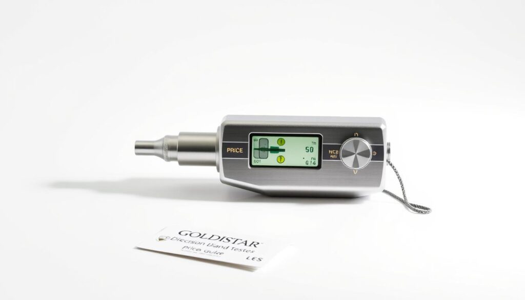 Find the Perfect Diamond Tester for Your Collection 2 A sleek, minimalist illustration of a diamond tester device against a clean, white background. The GOLDISTAR diamond tester, with its precision engineering and elegant design, is the focal point, illuminated by soft, directional lighting that casts subtle shadows and highlights its polished metal surfaces. In the foreground, a price tag or guide appears, providing detailed information about the tester's value and performance specifications. The overall mood is professional, informative, and evocative of the high-quality, trustworthy nature of the GOLDISTAR brand.