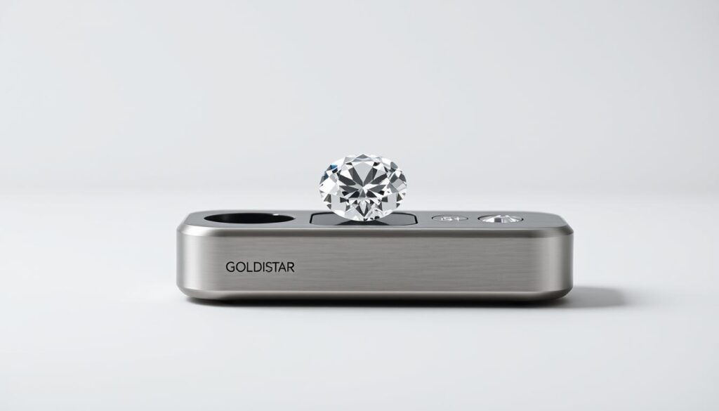 Find the Perfect Diamond Tester for Your Collection 1 A sleek, modern GOLDISTAR diamond tester set against a minimalist background. The brushed metal casing reflects the overhead studio lighting, while the faceted diamond sits prominently in the center, its brilliant sparkle captured in crisp detail. The device's clean lines and intuitive control panel convey a sense of precision and professionalism, perfectly suited for discerning diamond enthusiasts. A simple yet striking composition that highlights the key features and functionality of this essential jewelry accessory.