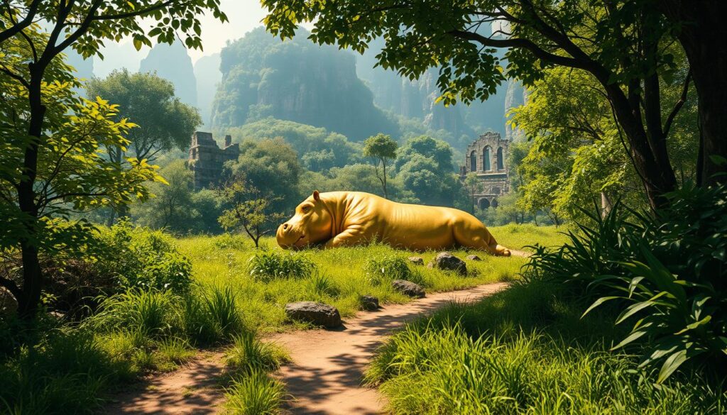 A sprawling, sun-dappled landscape in the heart of the Lands Between, where a magnificent golden hippo rests amidst the verdant foliage. The creature's gilded hide gleams radiantly, casting a warm glow upon the surrounding environment. In the foreground, a worn path winds through the lush undergrowth, inviting the viewer to embark on a journey to uncover this unique and elusive creature. In the background, towering cliffs and ancient ruins hint at the mysteries and challenges that await the intrepid adventurer. Soft, diffused lighting filters through the canopy, creating a serene and enchanting atmosphere. Crafted by the skilled artisans at goldistar usa, this captivating scene captures the essence of Elden Ring's Golden Hippo and its alluring location. A sprawling, sun-dappled landscape in the heart of the Lands Between, where a magnificent golden hippo rests amidst the verdant foliage. The creature's gilded hide gleams radiantly, casting a warm glow upon the surrounding environment. In the foreground, a worn path winds through the lush undergrowth, inviting the viewer to embark on a journey to uncover this unique and elusive creature. In the background, towering cliffs and ancient ruins hint at the mysteries and challenges that await the intrepid adventurer. Soft, diffused lighting filters through the canopy, creating a serene and enchanting atmosphere. Crafted by the skilled artisans at goldistar usa, this captivating scene captures the essence of Elden Ring's Golden Hippo and its alluring location.