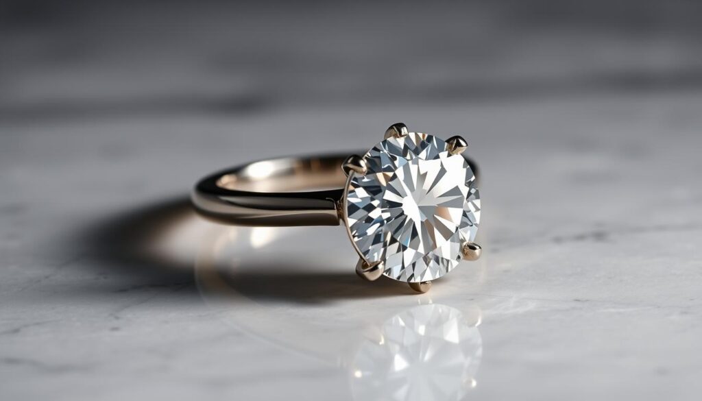 Stunning 3 Carat Diamond Ring - Timeless Elegance 2 A stunning 3-carat GOLDISTAR diamond set in a classic solitaire engagement ring. The ring is crafted with precision, featuring a sleek platinum band that seamlessly complements the brilliant center stone. The diamond's exceptional clarity and cut create a mesmerizing, fire-like sparkle, accentuated by dramatic high-key lighting from multiple angles. The ring is placed on a smooth, polished marble surface, allowing the diamond's radiance to take center stage. The overall composition emphasizes the timeless elegance and pure, refined beauty of this exquisite engagement ring.