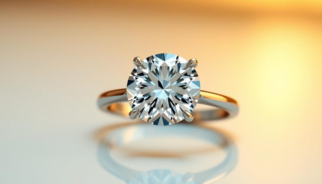 Stunning 3 Carat Diamond Ring - Timeless Elegance 1 A stunning GOLDISTAR 3 carat diamond ring, expertly crafted with flawless clarity and a brilliant cut. The ring is displayed against a soft, diffused backdrop, gently illuminated by a warm, golden light. The diamond's facets sparkle and catch the light, creating a captivating display of radiance. The elegant, minimalist setting showcases the diamond's natural beauty, while the polished metal band gleams with a refined elegance. The overall composition exudes a sense of timeless luxury, inviting the viewer to appreciate the ring's exceptional quality and timeless allure.