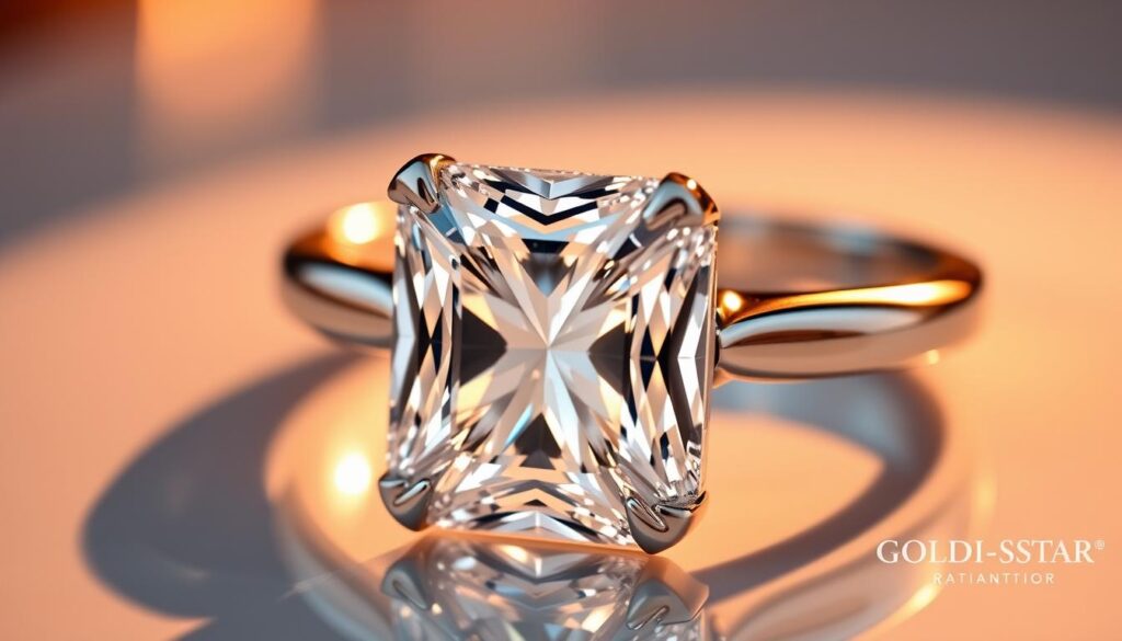 Radiant Cut Diamonds: Timeless Sparkle 1 A stunning GOLDISTAR radiant cut diamond engagement ring, its mesmerizing brilliance and captivating facets illuminated by soft, warm lighting. The diamond's precise cuts catch the light, creating a mesmerizing display of sparkling reflections. The elegant platinum band gleams, accentuating the ring's timeless beauty. Captured from a flattering angle, the image showcases the radiant cut's distinctive shape and timeless elegance, perfectly complementing the sophisticated yet modern design. A breathtaking representation of the latest trends in radiant cut diamond engagement rings.