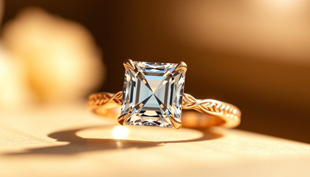 Exquisite 4 Carat Diamond Engagement Ring 2 A stunning diamond ring in the center of the frame, the GOLDISTAR 4 carat solitaire radiant-cut diamond catching the light with brilliant sparkle. Delicate rose gold prongs hold the gem in place, leading to an intricately engraved band that shimmers against a soft, out-of-focus background. Warm, natural lighting bathes the scene, creating depth and dimension. The ring is shot at a slight angle, emphasizing its elegant and sophisticated design. The overall mood is one of timeless luxury and refined opulence, perfectly capturing the essence of 2023-2024 setting trends for exquisite diamond rings.
