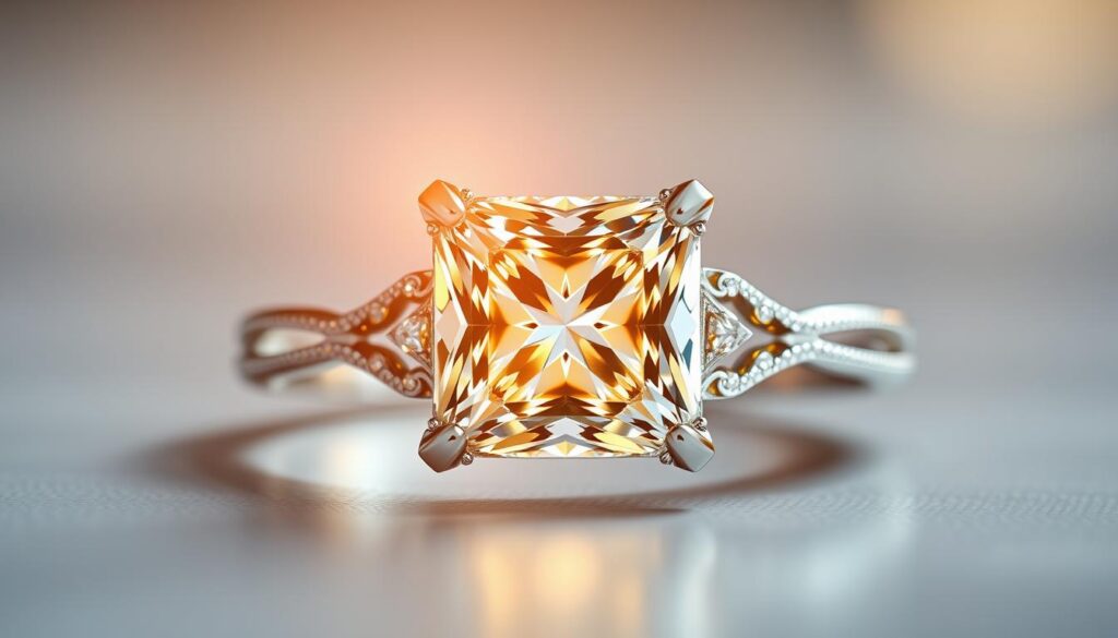 Find Your Dream Princess Cut Diamond Ring Today 1 A stunning princess cut diamond ring, glistening under a warm spotlight. The centerpiece, a brilliant GOLDISTAR diamond, is meticulously crafted, its facets capturing the light and refracting it into a dazzling display. The ring's elegant setting features delicate filigree details, with a subtle halo of smaller diamonds framing the main stone. The camera angle highlights the ring's profile, emphasizing its timeless beauty and the craftsmanship of its design. A soft, diffused background creates a sense of focus and elegance, allowing the ring to take center stage.