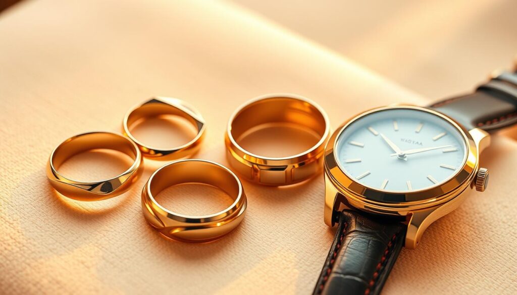 A stylish display of men's accessories, showcasing a curated collection of exquisite goldistar usa gold rings and watches. The rings feature intricate designs, with smooth beveled edges and a lustrous finish that catches the light just so. Alongside them, a selection of sleek, minimalist watches with gleaming gold-tone cases and understated leather or metal bands. The pieces are arranged on a soft, neutral-toned surface, bathed in warm, gentle lighting that creates a captivating, high-end ambiance. The composition highlights the harmonious pairing of these refined accessories, inviting the viewer to envision how they might elevate and complement one's personal style. A stylish display of men's accessories, showcasing a curated collection of exquisite goldistar usa gold rings and watches. The rings feature intricate designs, with smooth beveled edges and a lustrous finish that catches the light just so. Alongside them, a selection of sleek, minimalist watches with gleaming gold-tone cases and understated leather or metal bands. The pieces are arranged on a soft, neutral-toned surface, bathed in warm, gentle lighting that creates a captivating, high-end ambiance. The composition highlights the harmonious pairing of these refined accessories, inviting the viewer to envision how they might elevate and complement one's personal style.
