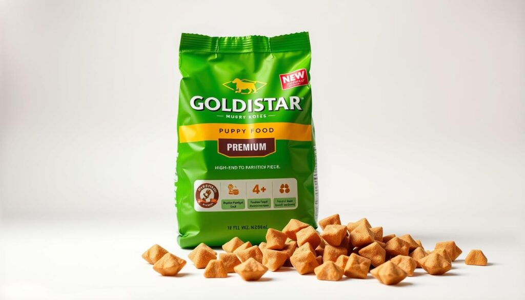 Diamond Puppy Food: Nourishing Meals for Your Growing Pup 2 A vibrant still life scene showcasing a direct visual comparison between a bag of GOLDISTAR premium puppy food and high-end diamond-shaped kibble pieces, arranged on a clean white backdrop with soft, diffused lighting. The GOLDISTAR bag takes center stage, its bold branding and nutritional claims prominent. Surrounding it are several diamond-shaped pieces of puppy food, meticulously rendered to highlight their unique shape, texture, and luster. The overall composition emphasizes the contrast between the conventional and premium offerings, inviting the viewer to assess the quality and potential benefits of the GOLDISTAR product.
