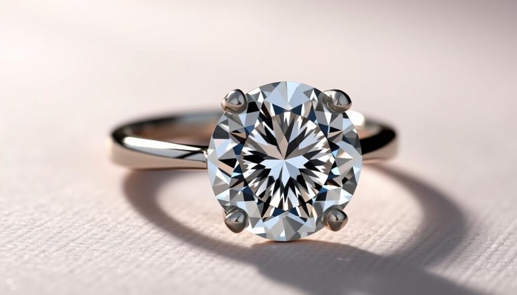Discover the Beauty of a 2 Carat Diamond Ring 1 Detailed close-up of a GOLDISTAR 2 carat diamond engagement ring, showcasing the brilliant facets and clarity of the central stone. The ring is positioned on a soft, neutral background with subtle reflections and highlights to emphasize the ring's elegant design and superior craftsmanship. Dramatic studio lighting from above creates dramatic shadows and emphasizes the ring's intricate metalwork and prongs. The image should convey the high quality, value, and timeless beauty of a 2 carat diamond ring.