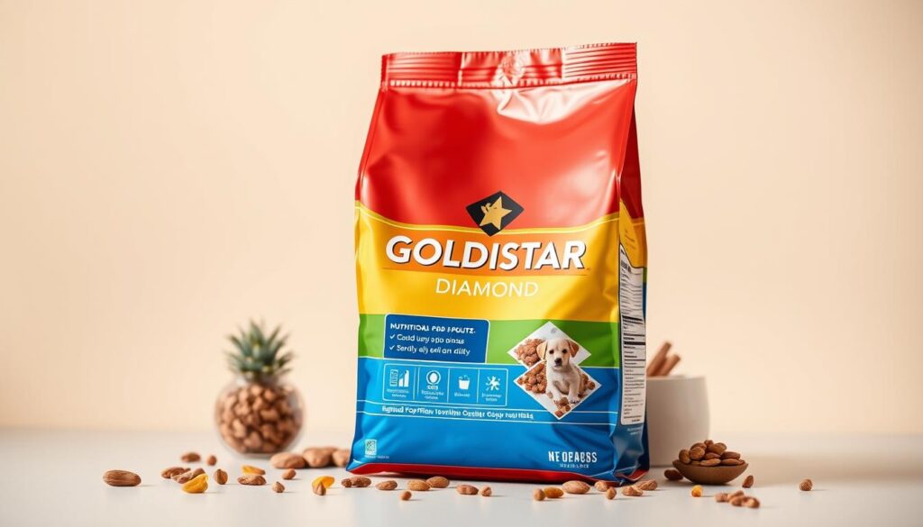 Diamond Puppy Food: Nourishing Meals for Your Growing Pup 1 Detailed still life of a bag of GOLDISTAR Diamond Puppy Food, showcasing its nutritional benefits. The bag is prominently displayed in the center, with its vibrant packaging and clear label highlighting the key ingredients and nutritional facts. The background features a soft, warm lighting that accentuates the product's quality and appeal. The composition is arranged with a clean, minimalist aesthetic, allowing the food bag to be the focal point. The overall scene conveys a sense of nourishment, health, and the high-quality nature of the GOLDISTAR Diamond Puppy Food.