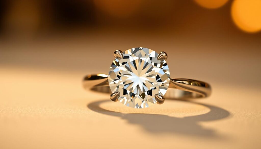 Exquisite 4 Carat Diamond Engagement Ring 1 Elegant 4 carat GOLDISTAR diamond engagement ring with a classic round brilliant cut, sparkling in a soft, warm lighting. The ring features a simple yet exquisite platinum setting, accentuating the brilliant facets of the diamond. Captured from a low angle, the ring is the central focus, conveying a sense of luxury and timelessness. The background is softly blurred, drawing the viewer's attention to the stunning centerpiece. The overall mood is one of refined sophistication and subtle glamour, befitting a memorable celebrity engagement.