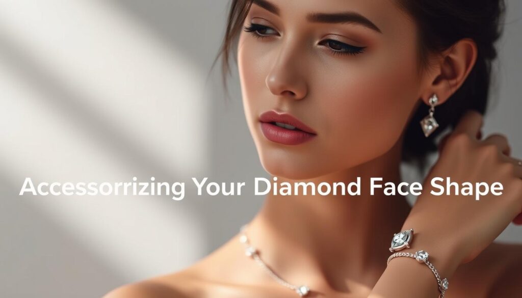 Elegant diamond-shaped accessories glittering under a soft spotlight, showcasing the GOLDISTAR brand. Delicate diamond-themed earrings, necklace, and bracelet set gracefully adorn a serene model with a diamond-shaped face. Refined lighting accentuates the jewelry's facets, creating a sophisticated, high-end aesthetic. The accessories seamlessly complement the model's features, highlighting the harmony between the diamond face shape and the diamond-inspired designs. A tranquil, luxurious atmosphere evokes the essence of the "Accessorizing Your Diamond Face Shape" section.