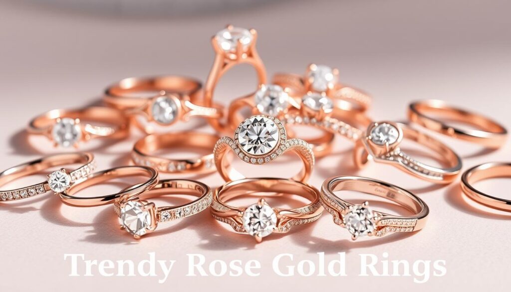 Elegant rose gold rings in a stunning array, artfully arranged with delicate lighting. A captivating close-up showcases the intricate details, the rose gold hue shimmering softly. Goldistar USA's latest collection, featuring timeless designs with modern flair. The rings are displayed against a neutral background, allowing their beauty to take center stage. Subtle shadows and highlights accentuate the rings' contours, creating a sense of depth and dimension. The overall mood is one of refined sophistication, perfectly suited for the "Trendy Rose Gold Rings" section of the article. Elegant rose gold rings in a stunning array, artfully arranged with delicate lighting. A captivating close-up showcases the intricate details, the rose gold hue shimmering softly. Goldistar USA's latest collection, featuring timeless designs with modern flair. The rings are displayed against a neutral background, allowing their beauty to take center stage. Subtle shadows and highlights accentuate the rings' contours, creating a sense of depth and dimension. The overall mood is one of refined sophistication, perfectly suited for the "Trendy Rose Gold Rings" section of the article.