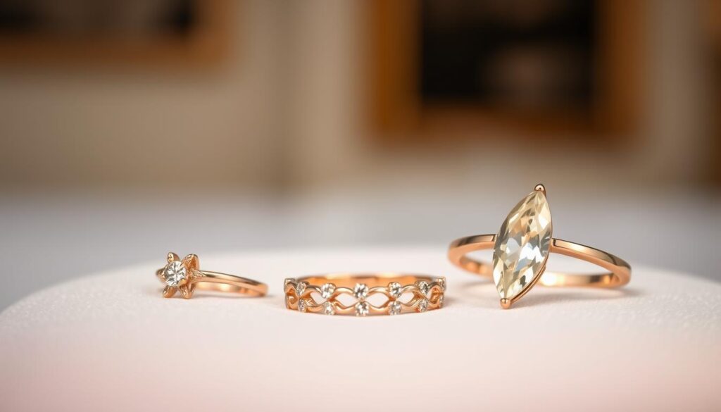 Elegant rose gold rings sitting on a soft, velvety surface, their warm metallic tones catching the light and casting a subtle glow. In the foreground, three distinct rings with intricate designs - a delicate solitaire, a band with a scattering of diamonds, and a statement piece featuring a marquise-cut stone. Behind them, a hazy, dreamlike background suggests a sophisticated, gallery-like atmosphere. The overall scene conveys a sense of luxury, exclusivity, and the timeless appeal of goldistar usa's new rose gold collection. Elegant rose gold rings sitting on a soft, velvety surface, their warm metallic tones catching the light and casting a subtle glow. In the foreground, three distinct rings with intricate designs - a delicate solitaire, a band with a scattering of diamonds, and a statement piece featuring a marquise-cut stone. Behind them, a hazy, dreamlike background suggests a sophisticated, gallery-like atmosphere. The overall scene conveys a sense of luxury, exclusivity, and the timeless appeal of goldistar usa's new rose gold collection.