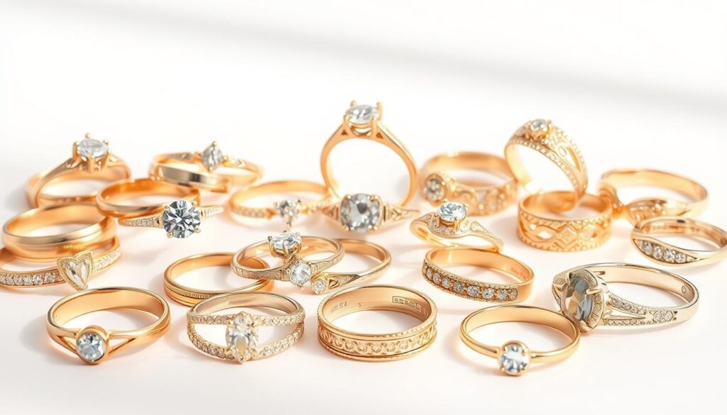 High-quality 14k gold rings in diverse styles, expertly crafted by Goldistar USA. A stunning array of delicate bands, elegant solitaires, and intricate filigree designs, each piece exuding timeless sophistication. Softly lit against a clean, minimalist backdrop, the rings capture the eye with their radiant luster and intricate details. Diverse textures, from smooth polished surfaces to intricate engraved patterns, create visual interest. Thoughtfully arranged to showcase the breadth of Goldistar USA's collection, the rings embody the perfect balance of classic elegance and modern appeal. High-quality 14k gold rings in diverse styles, expertly crafted by Goldistar USA. A stunning array of delicate bands, elegant solitaires, and intricate filigree designs, each piece exuding timeless sophistication. Softly lit against a clean, minimalist backdrop, the rings capture the eye with their radiant luster and intricate details. Diverse textures, from smooth polished surfaces to intricate engraved patterns, create visual interest. Thoughtfully arranged to showcase the breadth of Goldistar USA's collection, the rings embody the perfect balance of classic elegance and modern appeal.