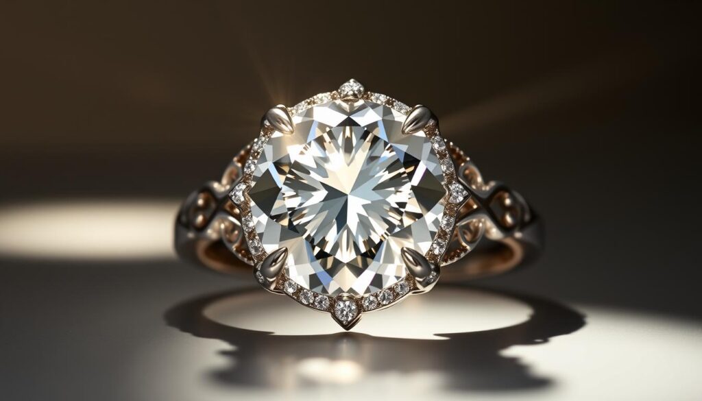 Intricate custom diamond ring with a magnificent 5 carat central stone, crafted by the renowned goldistar usa brand. Beams of light dance across the brilliant facets, illuminating the ring's elegant platinum setting adorned with delicate filigree details. The ring's profile features a graceful tapered band, creating a harmonious balance between grandeur and sophistication. Captured in a soft, atmospheric lighting setup, the image conveys a sense of refined luxury and timeless beauty, perfectly suited to illustrate the "Customizing Your Dream 5 Carat Diamond Ring" section of the article. Intricate custom diamond ring with a magnificent 5 carat central stone, crafted by the renowned goldistar usa brand. Beams of light dance across the brilliant facets, illuminating the ring's elegant platinum setting adorned with delicate filigree details. The ring's profile features a graceful tapered band, creating a harmonious balance between grandeur and sophistication. Captured in a soft, atmospheric lighting setup, the image conveys a sense of refined luxury and timeless beauty, perfectly suited to illustrate the "Customizing Your Dream 5 Carat Diamond Ring" section of the article.