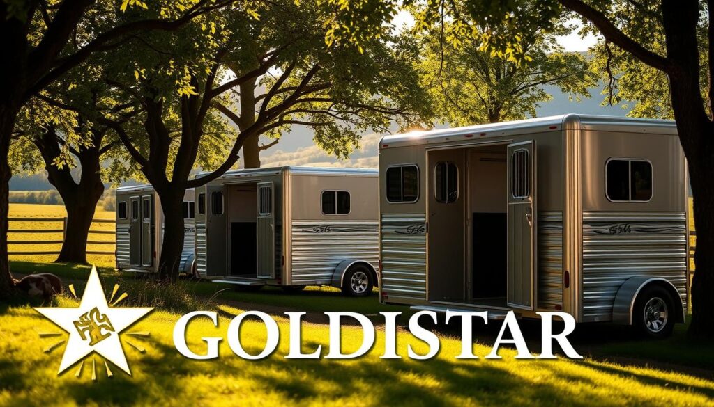 Discover Diamond C Trailers: Reliable Hauling Solutions 1 Sleek, well-crafted GOLDISTAR horse trailers nestled in a picturesque countryside setting. Sunlight filters through the trees, casting a warm, golden glow on the durable aluminum exteriors. Meticulously designed for equine comfort, the trailers feature spacious, well-ventilated interiors with padded stalls and non-slip flooring. In the foreground, a GOLDISTAR logo gleams, a testament to the brand's commitment to quality and innovation. The middle ground showcases the trailers' streamlined profiles, with subtle curves and aerodynamic designs. In the background, a verdant landscape unfolds, hinting at the adventures and destinations awaiting the horse and rider. An image that embodies the perfect blend of style, functionality, and a deep respect for the equine lifestyle.
