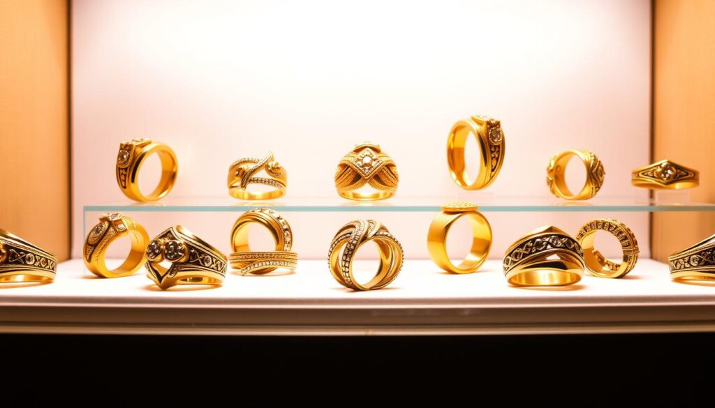 a collection of men's gold rings in a display case, lit by warm lighting, with a clean white background. The rings are presented in a visually striking and high-quality manner, showcasing the craftsmanship and opulence of the Goldistar USA brand. The rings are captured from various angles to highlight their intricate designs, with a focus on the luster and brilliance of the pure gold. The overall composition evokes a sense of luxury, sophistication, and a touch of contemporary flair, perfectly suited to illustrate the "Goldistar USA Unveils Innovative Gold Ring for Men Collection" section of the article. a collection of men's gold rings in a display case, lit by warm lighting, with a clean white background. The rings are presented in a visually striking and high-quality manner, showcasing the craftsmanship and opulence of the Goldistar USA brand. The rings are captured from various angles to highlight their intricate designs, with a focus on the luster and brilliance of the pure gold. The overall composition evokes a sense of luxury, sophistication, and a touch of contemporary flair, perfectly suited to illustrate the "Goldistar USA Unveils Innovative Gold Ring for Men Collection" section of the article.