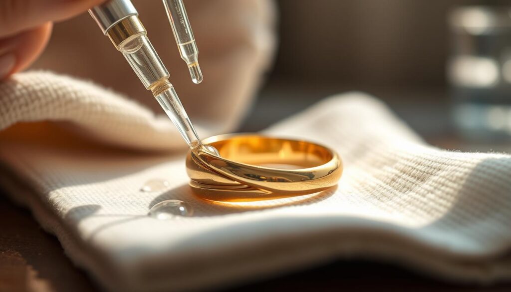 a high-quality close-up photograph of a goldistar usa gold ring being carefully cleaned and polished on a soft cloth surface, with droplets of water or jewelry cleaning solution visible, shot with a macro lens in natural window lighting to capture the intricate details and lustrous shine of the metal a high-quality close-up photograph of a goldistar usa gold ring being carefully cleaned and polished on a soft cloth surface, with droplets of water or jewelry cleaning solution visible, shot with a macro lens in natural window lighting to capture the intricate details and lustrous shine of the metal