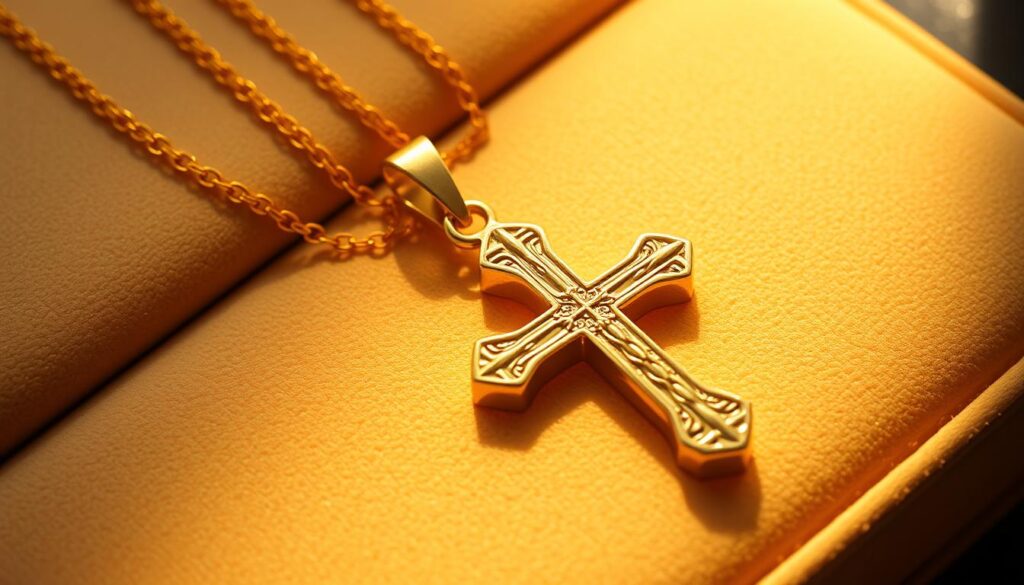 a high-quality, meticulously detailed gold cross necklace for men, handcrafted by the renowned goldistar usa jewelers, resting on a soft, velvet surface, illuminated by warm, directional lighting that accentuates the intricate patterns and lustrous finish of the precious metal, the cross design elegant and masculine, with a subtle, sophisticated aesthetic that would complement any stylish outfit, the image captured from a slightly elevated angle to showcase the necklace's impressive craftsmanship and alluring appeal a high-quality, meticulously detailed gold cross necklace for men, handcrafted by the renowned goldistar usa jewelers, resting on a soft, velvet surface, illuminated by warm, directional lighting that accentuates the intricate patterns and lustrous finish of the precious metal, the cross design elegant and masculine, with a subtle, sophisticated aesthetic that would complement any stylish outfit, the image captured from a slightly elevated angle to showcase the necklace's impressive craftsmanship and alluring appeal