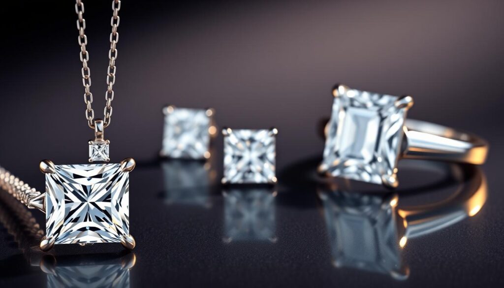 a high-quality, photorealistic image of a selection of exquisite princess cut diamond jewelry against a dark, elegant background. in the foreground, a necklace with a large, brilliant princess cut diamond center stone, flanked by smaller princess cut diamonds, all set in a sleek, modern platinum setting, reflecting warm studio lighting. in the middle ground, a pair of matching princess cut diamond stud earrings, their pristine facets sparkling. in the background, a bespoke princess cut diamond ring from the "goldistar usa" brand, its flawless center stone and precision-cut profile commanding attention. the overall scene conveys a sense of refined luxury and timeless elegance.