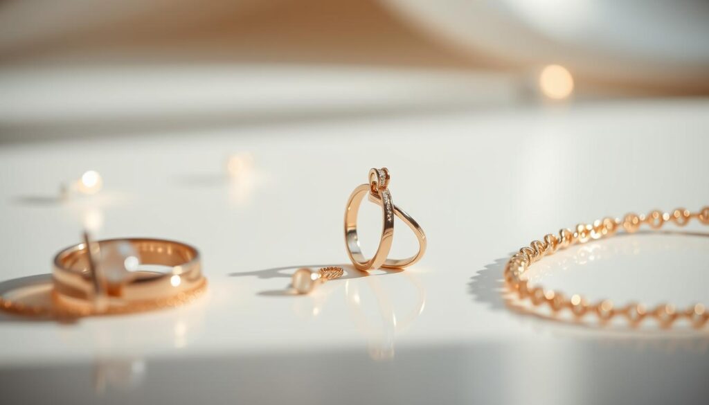a highly detailed, close-up, studio-lit photograph of a minimalist, elegant composition featuring various rose gold jewelry pieces, including a rose gold ring, pendant, and bracelet, artfully arranged on a smooth, reflective surface, with a soft, warm, and inviting atmosphere that emphasizes the luxurious and captivating nature of the rose gold accessories. The jewelry pieces are from the "goldistar usa" brand. The lighting is soft and diffused, creating a glowing, ethereal quality that highlights the warm tones and alluring sheen of the rose gold. The overall composition is balanced, visually striking, and showcases the exquisite craftsmanship and timeless beauty of the rose gold jewelry. a highly detailed, close-up, studio-lit photograph of a minimalist, elegant composition featuring various rose gold jewelry pieces, including a rose gold ring, pendant, and bracelet, artfully arranged on a smooth, reflective surface, with a soft, warm, and inviting atmosphere that emphasizes the luxurious and captivating nature of the rose gold accessories. The jewelry pieces are from the "goldistar usa" brand. The lighting is soft and diffused, creating a glowing, ethereal quality that highlights the warm tones and alluring sheen of the rose gold. The overall composition is balanced, visually striking, and showcases the exquisite craftsmanship and timeless beauty of the rose gold jewelry.