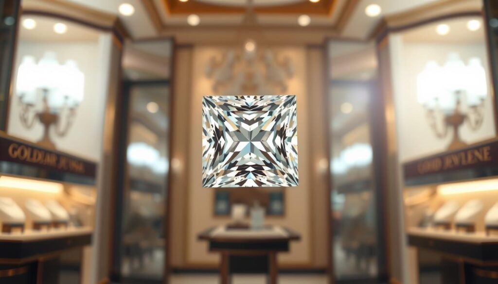 a stunning princess cut diamond floating in front of a soft, hazy background, illuminated by a warm, gentle light that highlights its brilliant facets and flawless clarity. The diamond is set against a backdrop of a luxury goldistar usa jewelry store, with elegant fixtures and displays showcasing the diamond's timeless elegance. The composition is balanced and captivating, with the diamond taking center stage and drawing the viewer's eye to its mesmerizing brilliance.